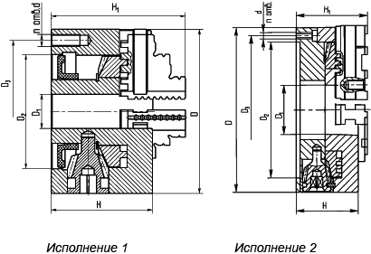 Схема 3-х кулачковых патронов токарных спирально-реечных, исполнение 1 и 2